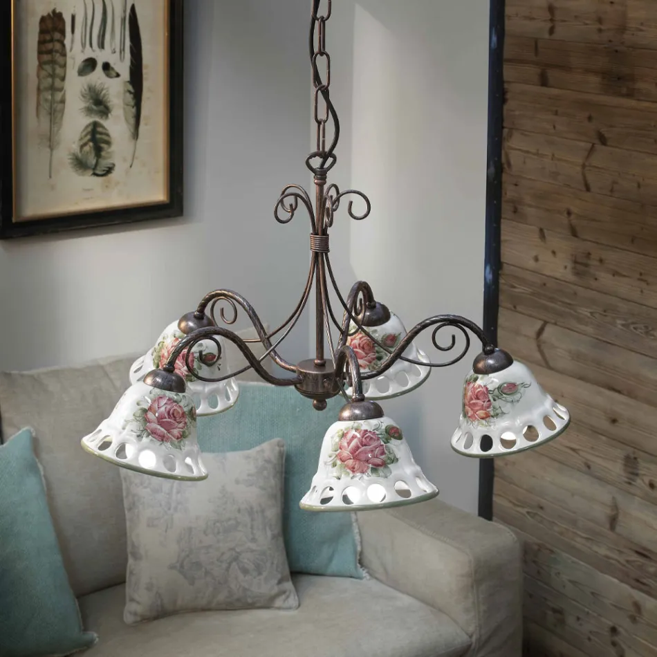 Lampadario a 3 o 5 Luci Ceramica Fatta a Mano con Passanastri - Napoli Viadurini