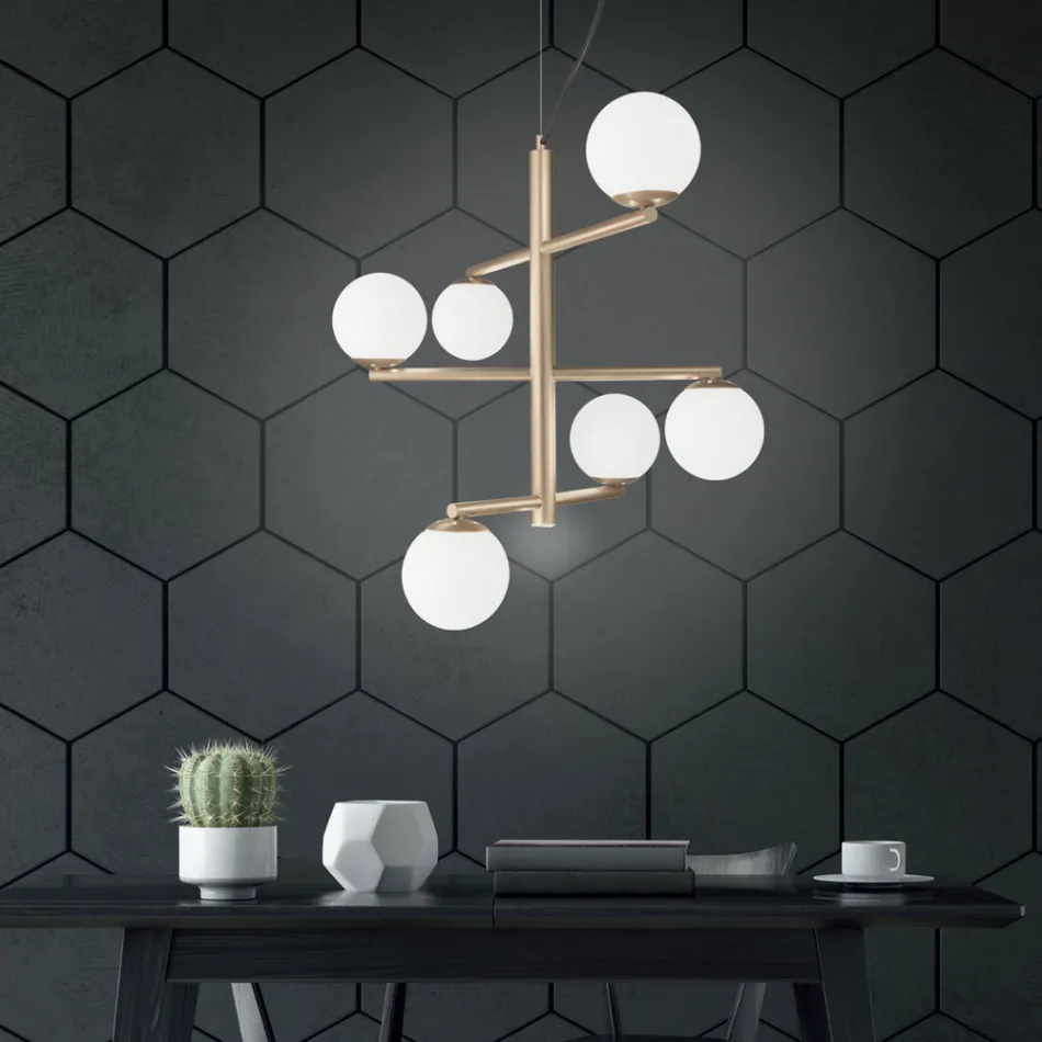 Lampadario a 6 Luci in Metallo Verniciato con Diffusori in Vetro - Lido Viadurini