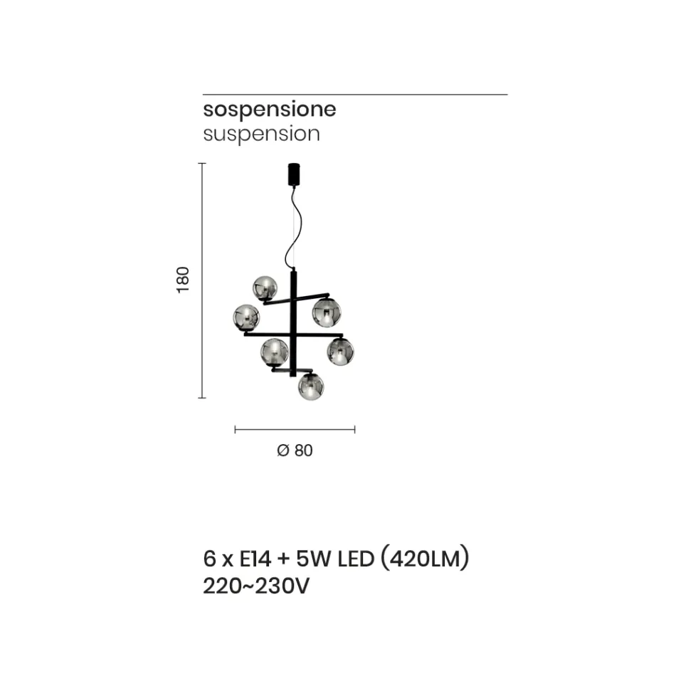 Lampadario a 6 Luci in Metallo Verniciato con Diffusori in Vetro - Lido Viadurini