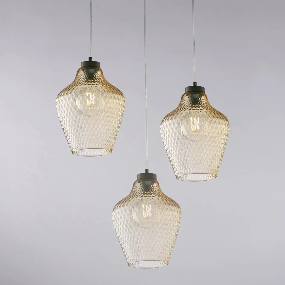 Lampadario a Sospensione in Metallo in Vetro Nero 3 Luci - Alnitak Viadurini