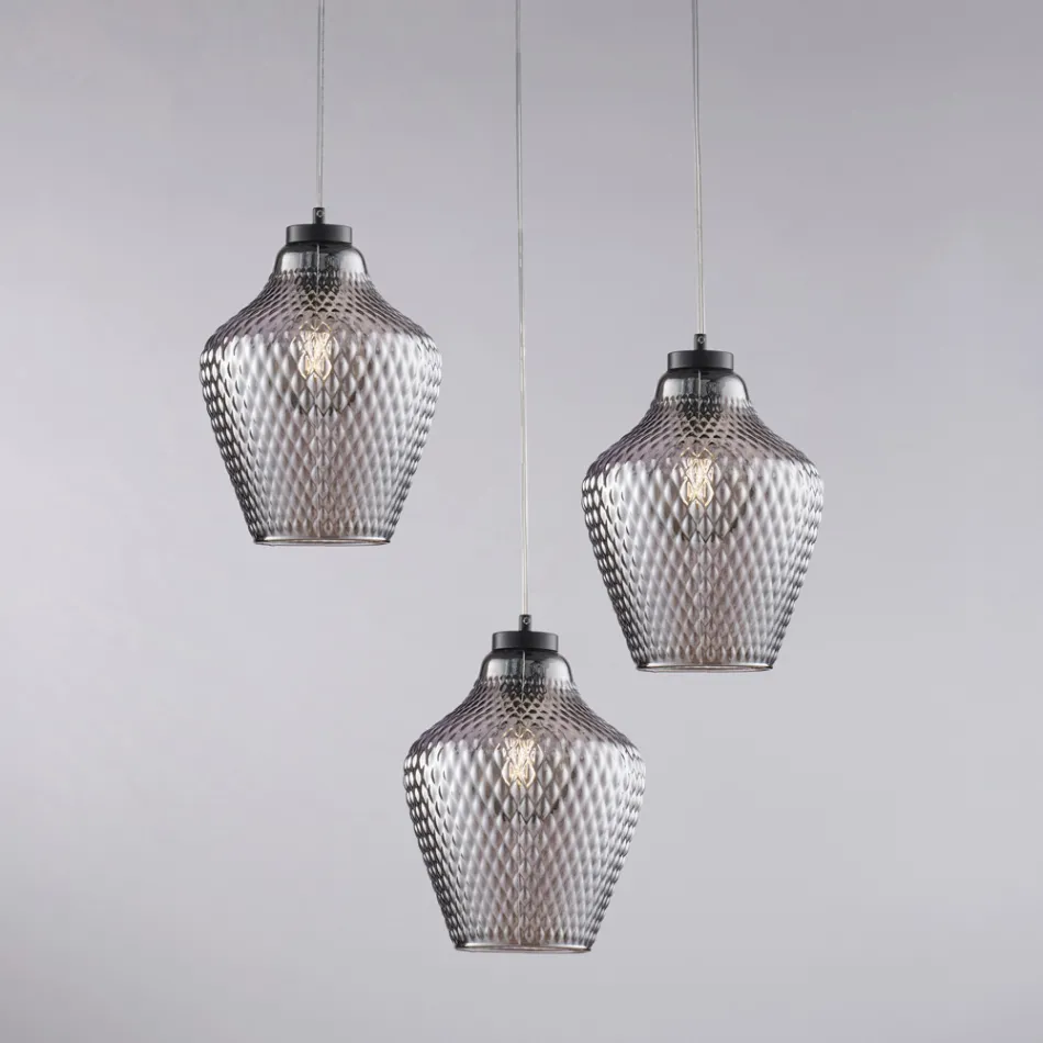 Lampadario a Sospensione in Metallo in Vetro Nero 3 Luci - Alnitak Viadurini