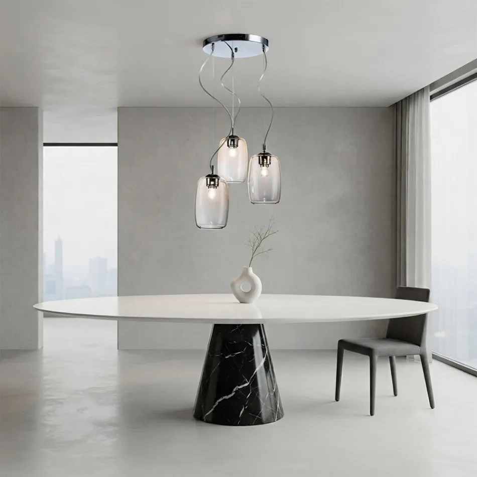 Lampadario a Tre Lumi e Barra Circolare in Vetro Soffiato Made in Italy - Soffio Viadurini