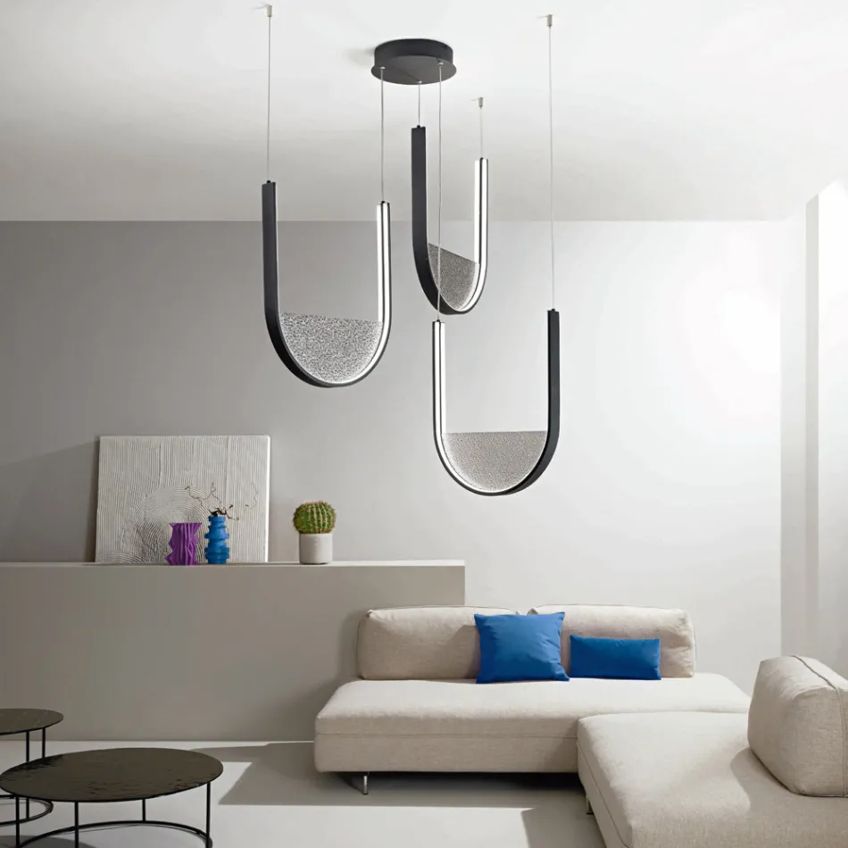 Lampadario con 3 LED con Inserto Amovibile in Vetro Granigliato - Catalpa Viadurini
