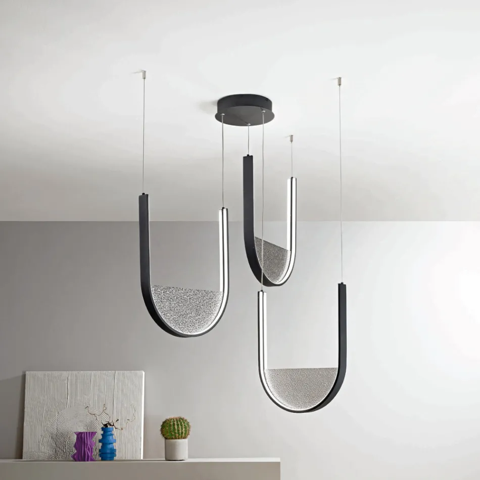 Lampadario con 3 LED con Inserto Amovibile in Vetro Granigliato - Catalpa Viadurini
