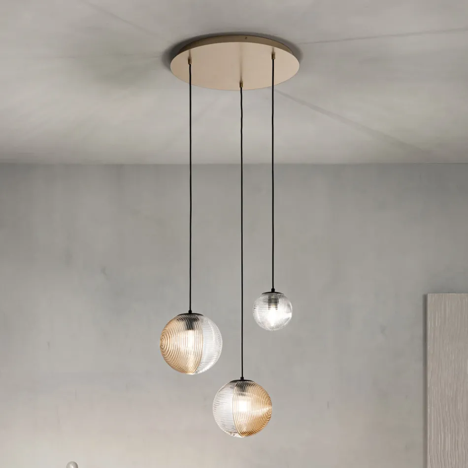 Lampadario con 3 Luci in Vetro Soffiato a Forma di Sfera Made in Italy - Prilla Viadurini