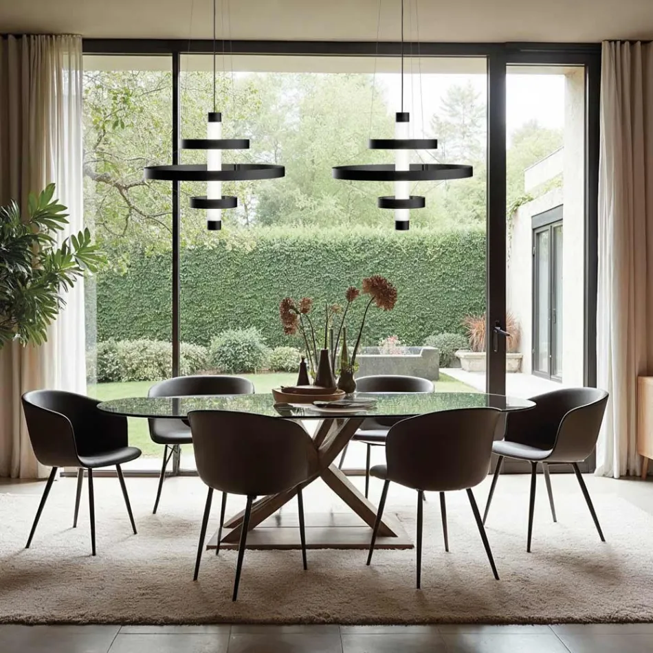 Lampadario con Corpo Luminoso in Vetro e 3 Cerchi in Alluminio - Clara Viadurini