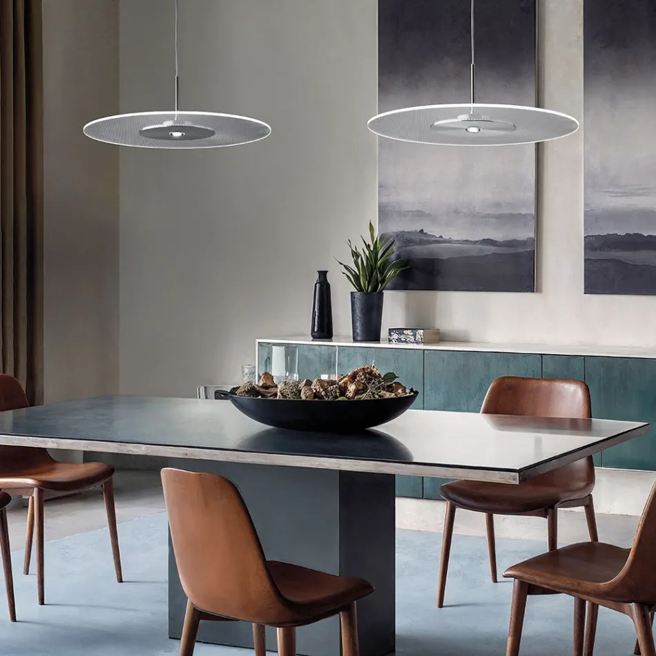 Lampadario in Metallo e Diffusore in Plexiglass Micro-Puntinato - Nora Viadurini