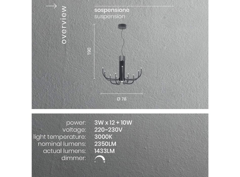 Lampadario LED 13 Luci in Metallo Verniciato Bianco, Nero o Oro  - Scorpio Viadurini