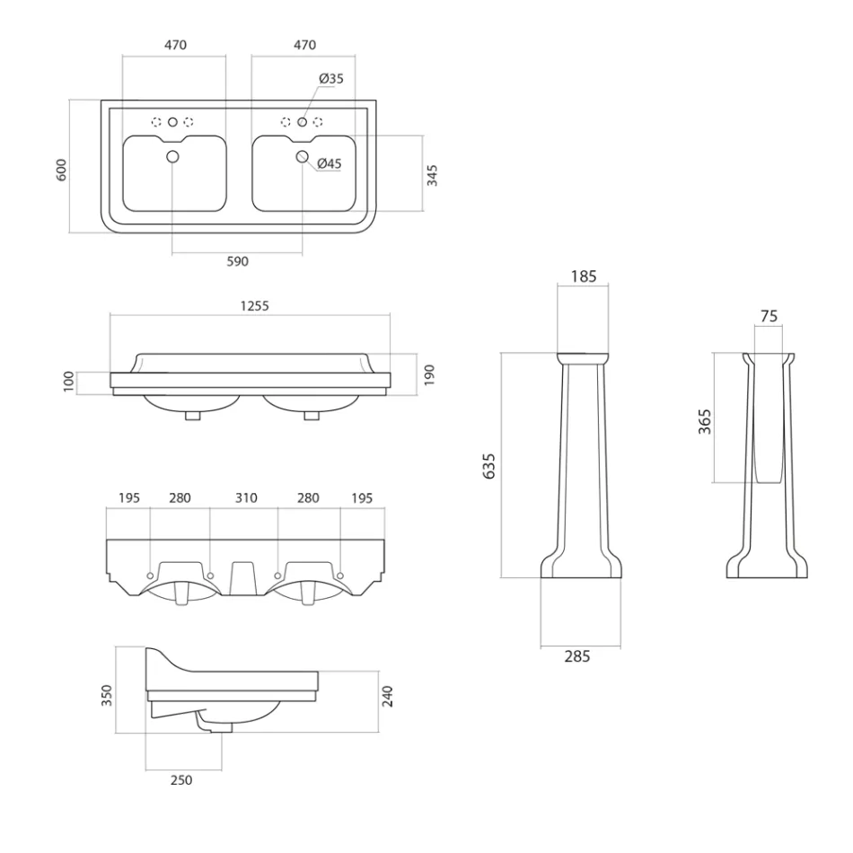 Lavabo Consolle a Colonna in Ceramica Doppia Vasca Made in Italy - Wollie Viadurini