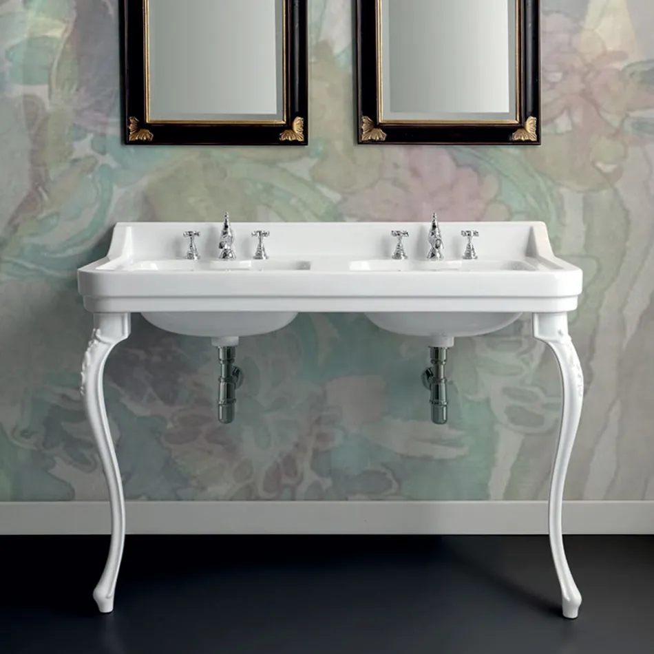Lavabo Consolle in Ceramica Bianca a Doppia Vasca Made in Italy - Wollie Viadurini