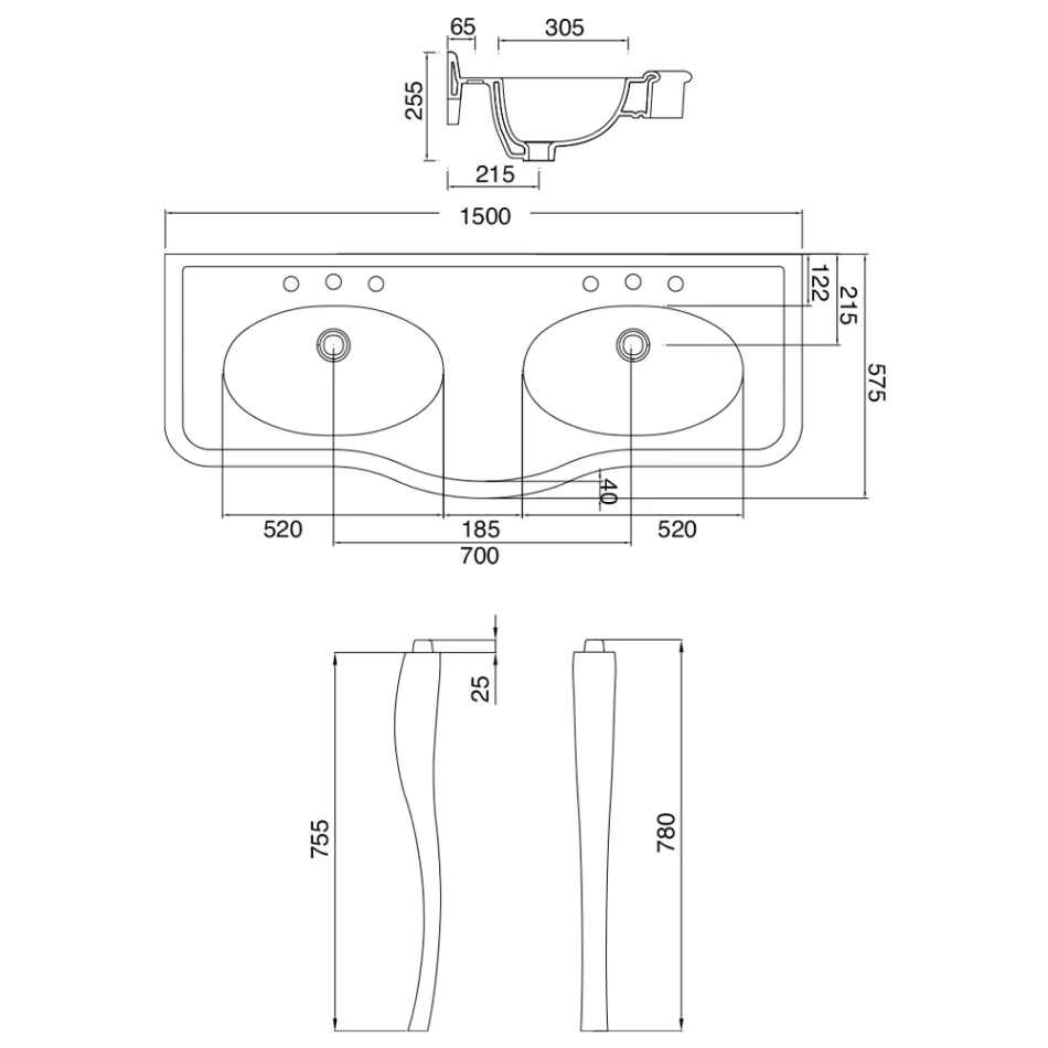 Lavabo Consolle Vintage Doppia Vasca e Piedi in Ceramica Made in Italy - Paulina Viadurini