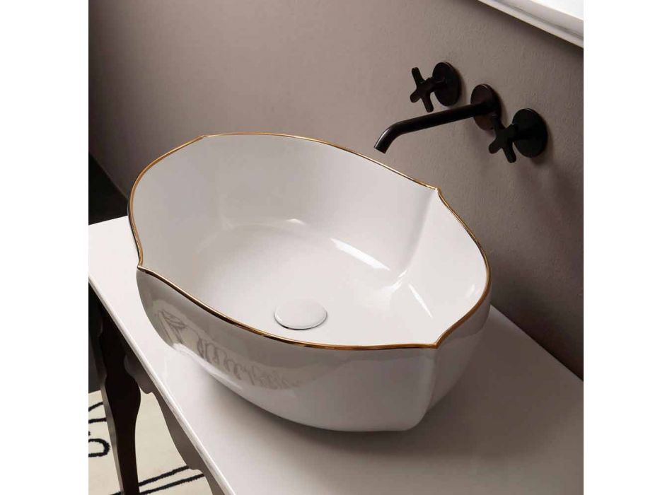 Lavabo da appoggio design ceramica bianco bordo oro made Italy Oscar Viadurini