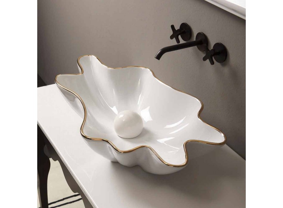 Lavabo da appoggio design ceramica bianco bordo oro made Italy Rayan Viadurini