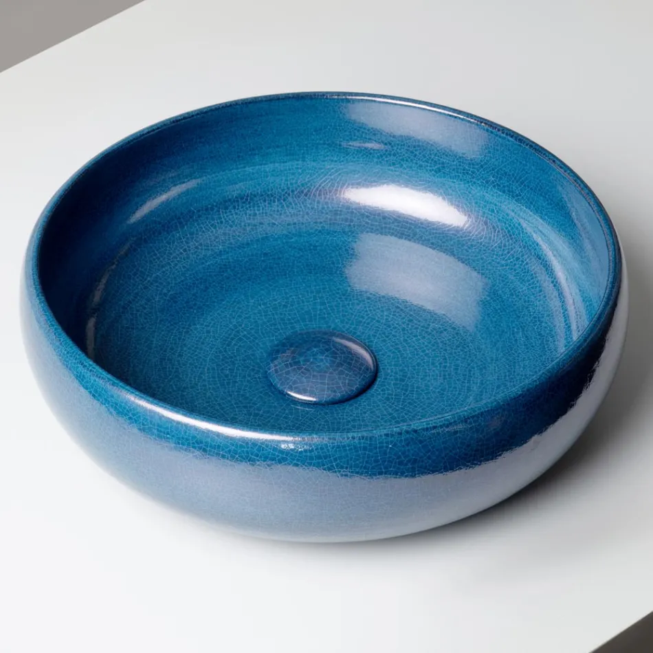 Lavabo da Appoggio in Argilla Raku e Lustro Metallico Craquele’ - Prisma Viadurini