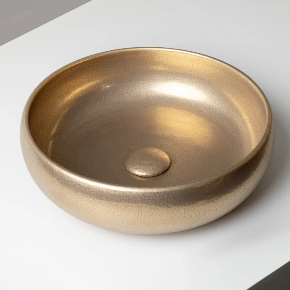 Lavabo da Appoggio in Argilla Raku Metallica Tornito a Mano - Prisma Viadurini