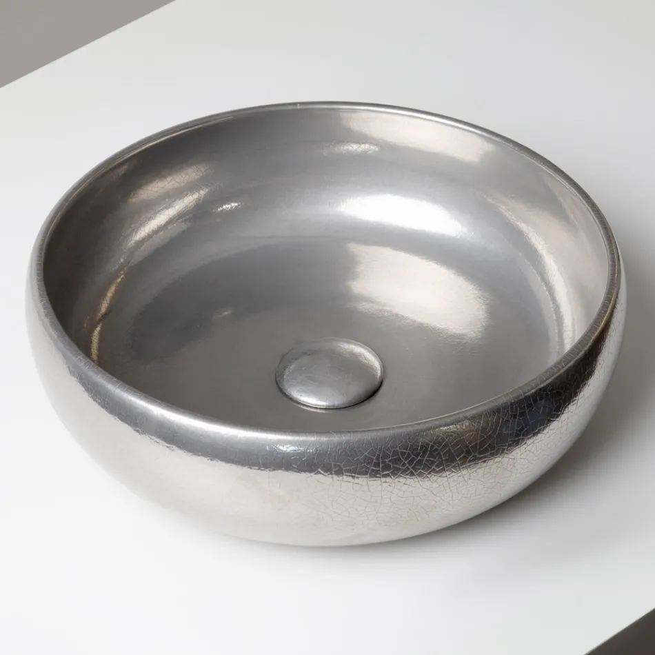 Lavabo da Appoggio in Argilla Raku Metallica Tornito a Mano - Prisma Viadurini