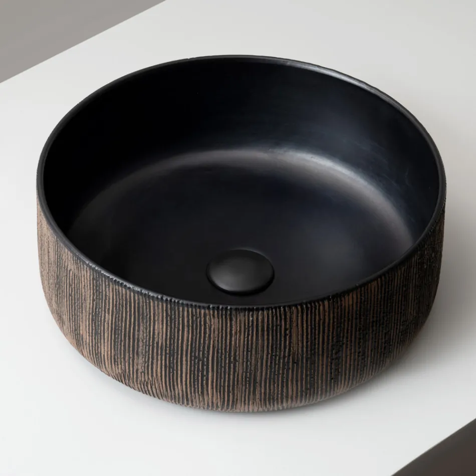 Lavabo da Appoggio in Terra Rossa Naturale Striato a Mano - Balance Viadurini