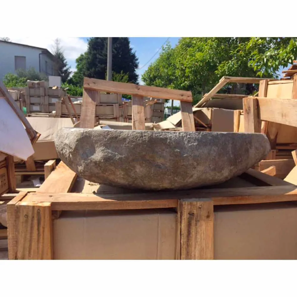 Lavabo da Appoggio Lavorato Artigianalemente in Pietra di Fiume - Aurea Viadurini