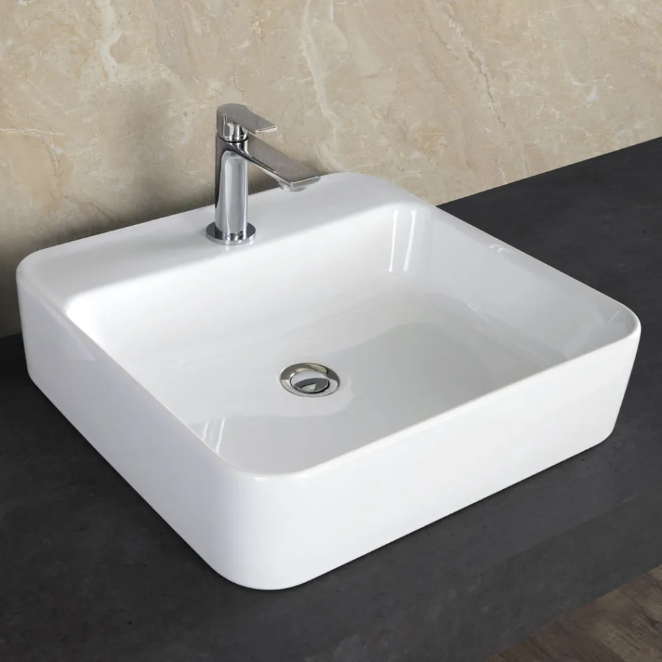 Lavabo da Appoggio Squadrato in Ceramica Bianca e Foro Rubinetteria - Aster Viadurini