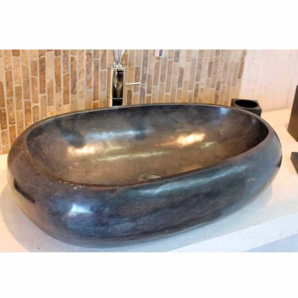 Lavabo da Appoggio Tondo in Pietra Naturale Nero Waka Viadurini