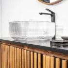 Lavabo da Appoggio Tondo in Vetro Veneziano Plissè Made in Italy - Zircone  Viadurini