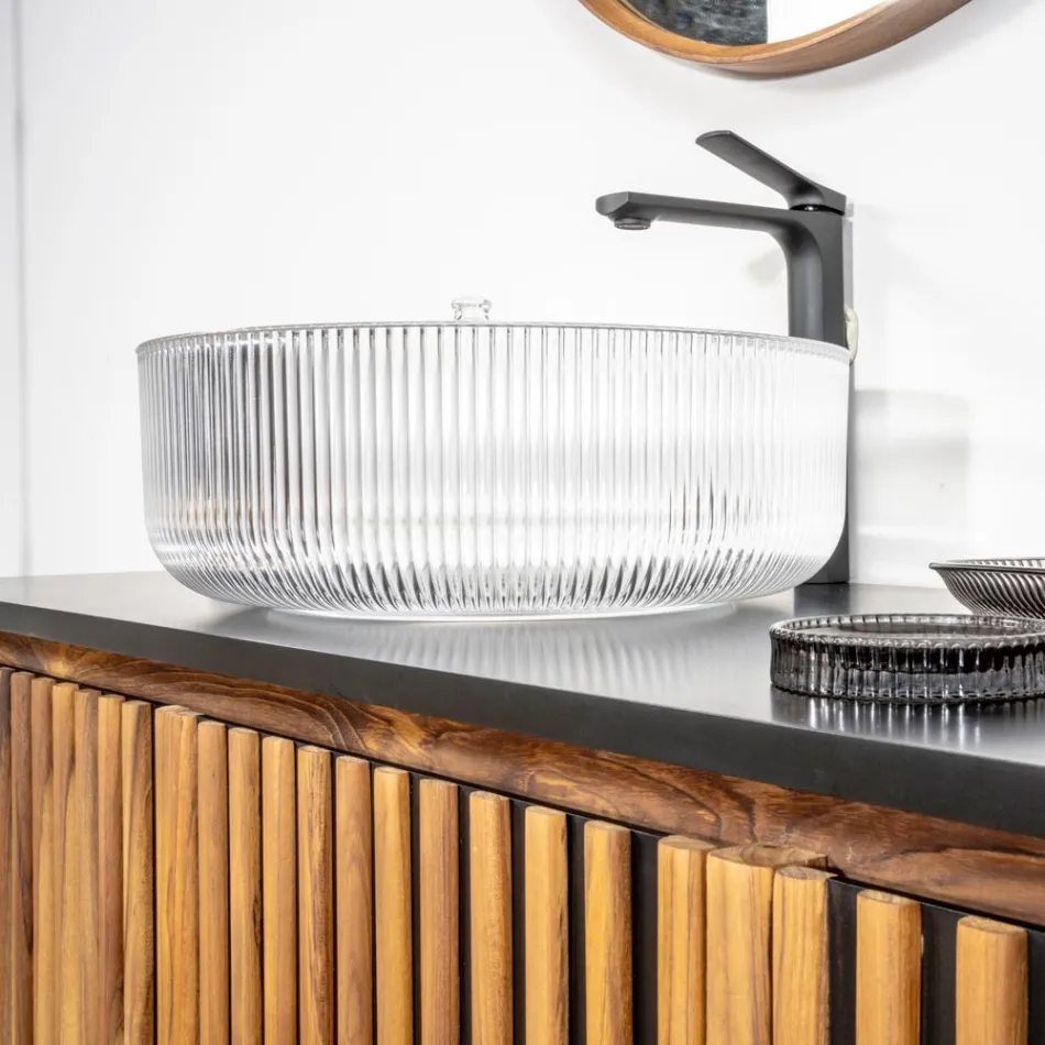 Lavabo da Appoggio Tondo in Vetro Veneziano Plissè Made in Italy - Zircone  Viadurini