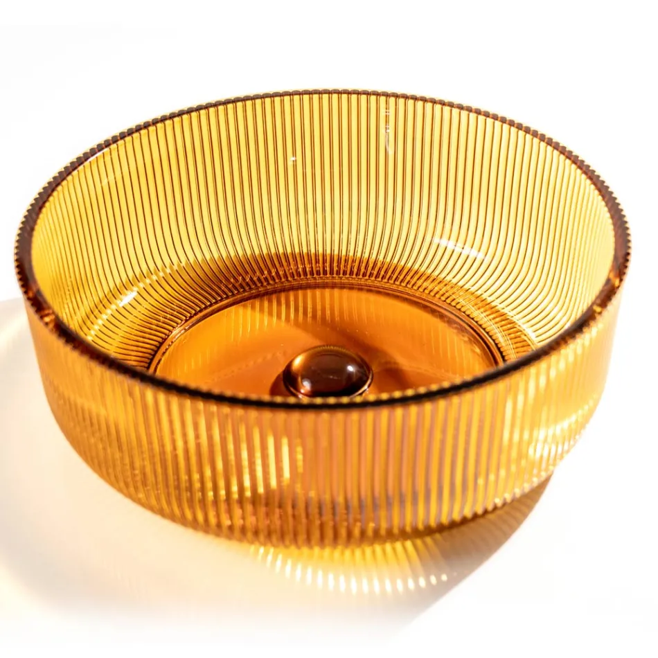 Lavabo da Appoggio Tondo in Vetro Veneziano Plissè Made in Italy - Zircone  Viadurini