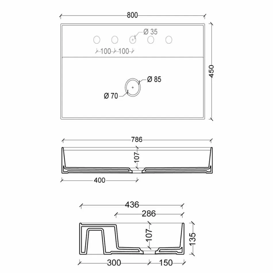 Lavabo in ceramica sospeso design moderno Sun 80x45 cm, made in Italy Viadurini