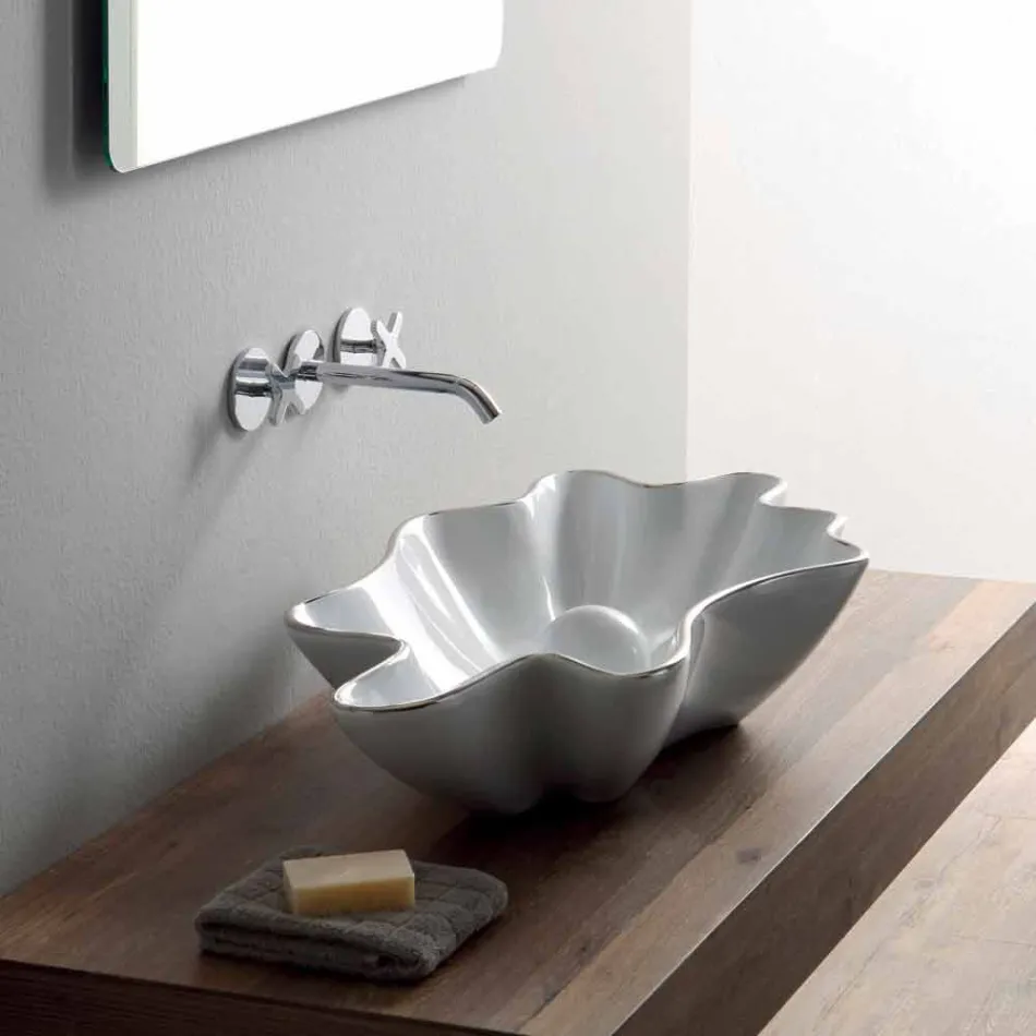 Lavabo moderno da appoggio in ceramica bianco fatto in Italia Rayan Viadurini