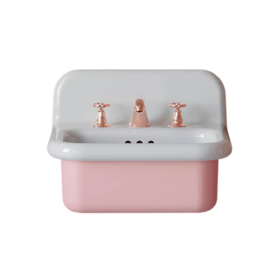 Lavabo per il Bagno Sospeso e in Ceramica Color Bianco e Rosa Confetto - Manila Viadurini