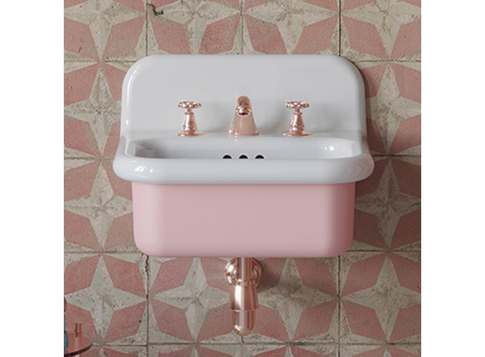 Lavabo per il Bagno Sospeso e in Ceramica Color Bianco e Rosa Confetto - Manila Viadurini