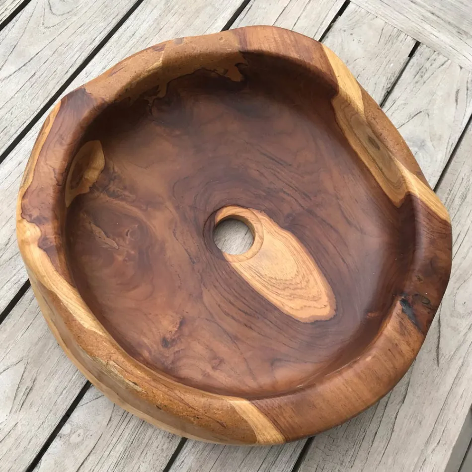 Lavabo Rotondo da Appoggio Moderno in Teak Naturale Levigato - Zino Viadurini