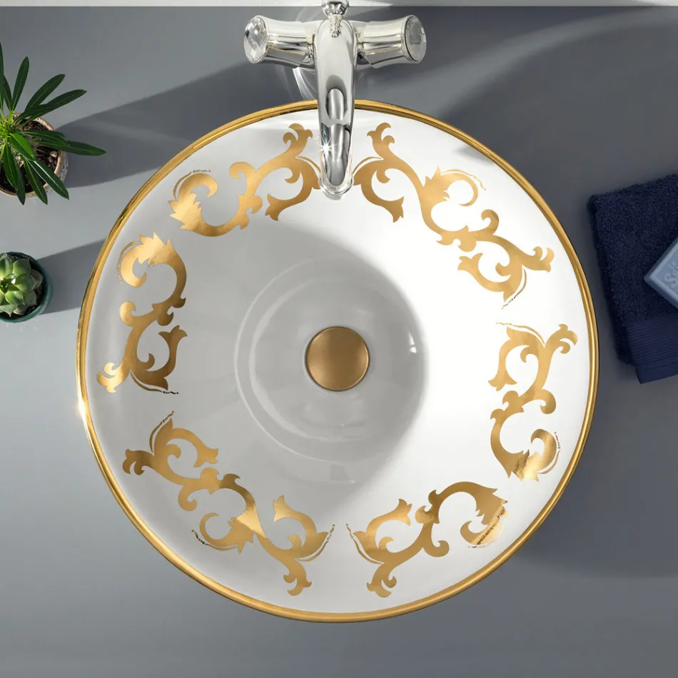 Lavabo Semincasso con Decori Blu Cobalto e Oro o Oro Made in italy - Capatosta Viadurini