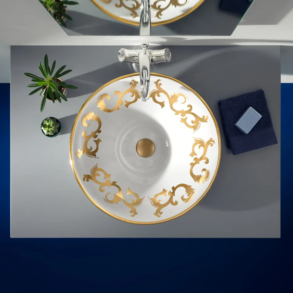 Lavabo Semincasso con Decori Blu Cobalto e Oro o Oro Made in italy - Capatosta Viadurini