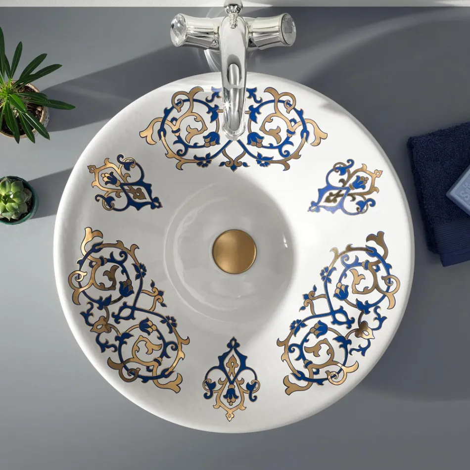 Lavabo Semincasso con Decori Blu Cobalto e Oro o Oro Made in italy - Capatosta Viadurini