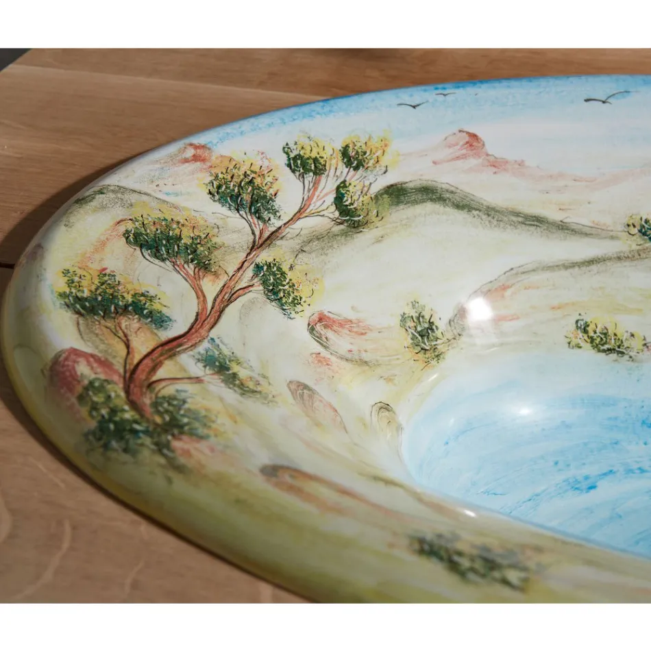 Lavabo Semincasso in Fire Clay con Paesaggio di Deruta Made in italy - Principe Viadurini