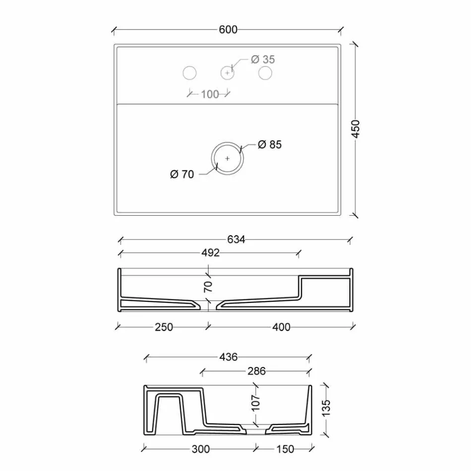 Lavabo sospeso in ceramica design moderno Sun 60x45 cm, made in Italy Viadurini