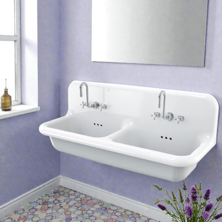 Lavabo Vintage a Muro a Doppia Vasca in Ceramica Grigia - Jack Viadurini