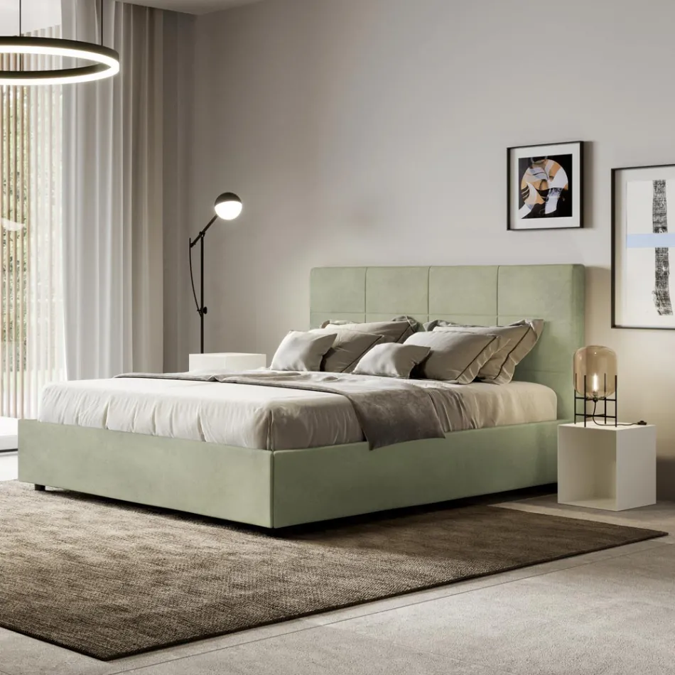 Letto 160x200 cm con Testata a Rettangoli in Microfibra Made in Italy - Brina Viadurini