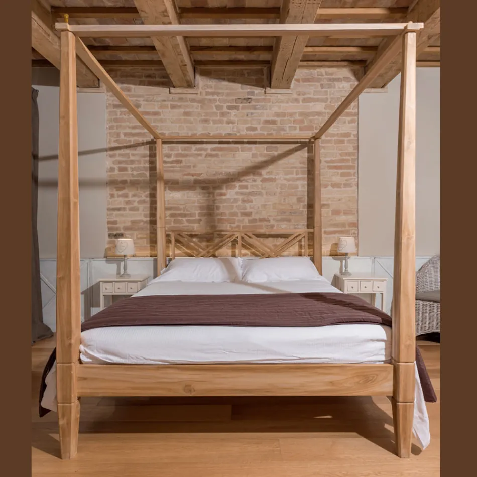 Letto Matrimoniale 180x200 con Baldacchino in Legno Teak Massello - Tempera Viadurini