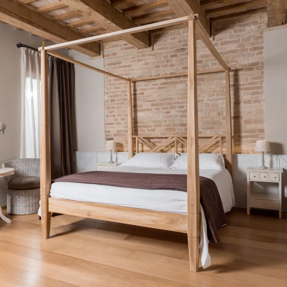 Letto Matrimoniale 180x200 con Baldacchino in Legno Teak Massello - Tempera Viadurini
