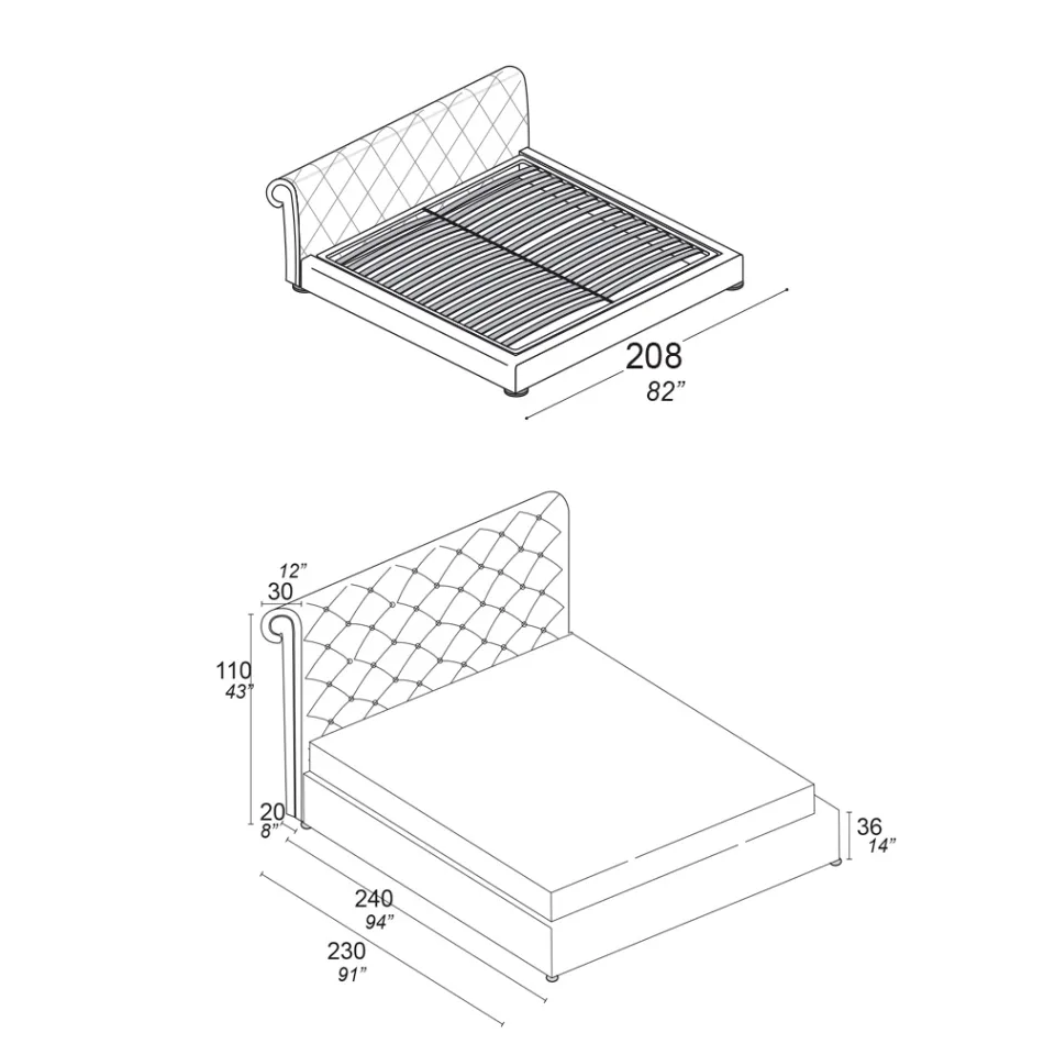 Letto Matrimoniale con Imbottitura Capitonné e Piedini in Legno - Briosco Viadurini