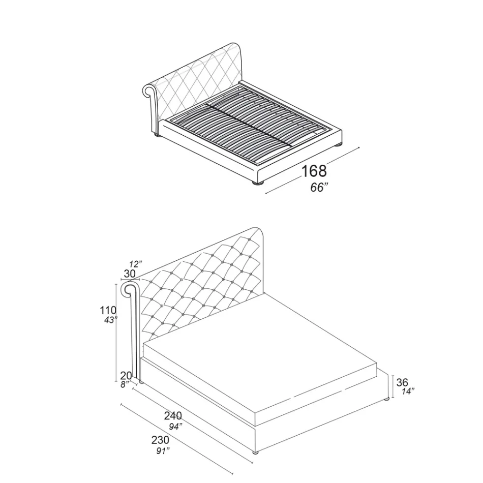 Letto Matrimoniale con Imbottitura Capitonné e Piedini in Legno - Briosco Viadurini