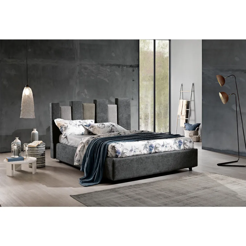 Letto Matrimoniale di Design Imbottito Moderno Blu o Grigio Alta Qualità - Kenzo Viadurini