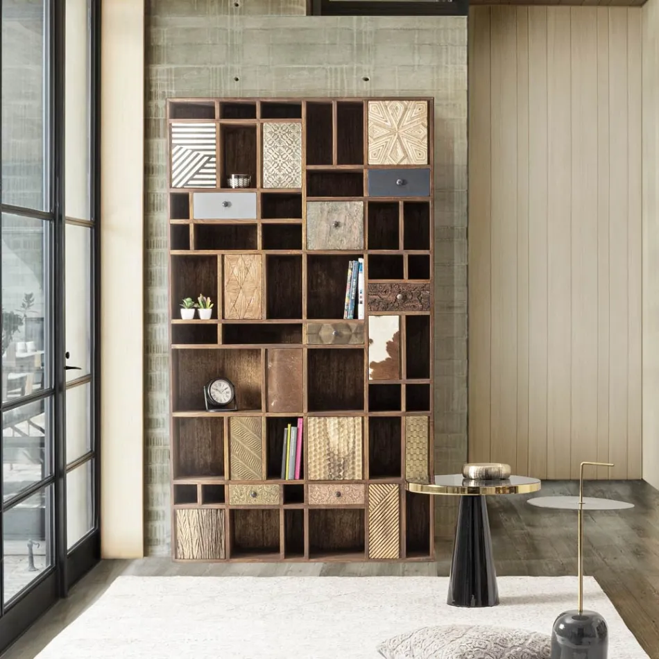 Libreria Legno di Mango e Cassetti Riciclati con Decori Homemotion - Auriel Viadurini