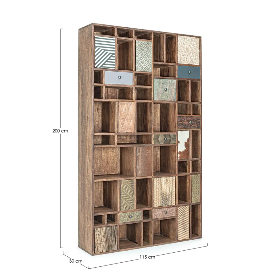 Libreria Legno di Mango e Cassetti Riciclati con Decori Homemotion - Auriel Viadurini