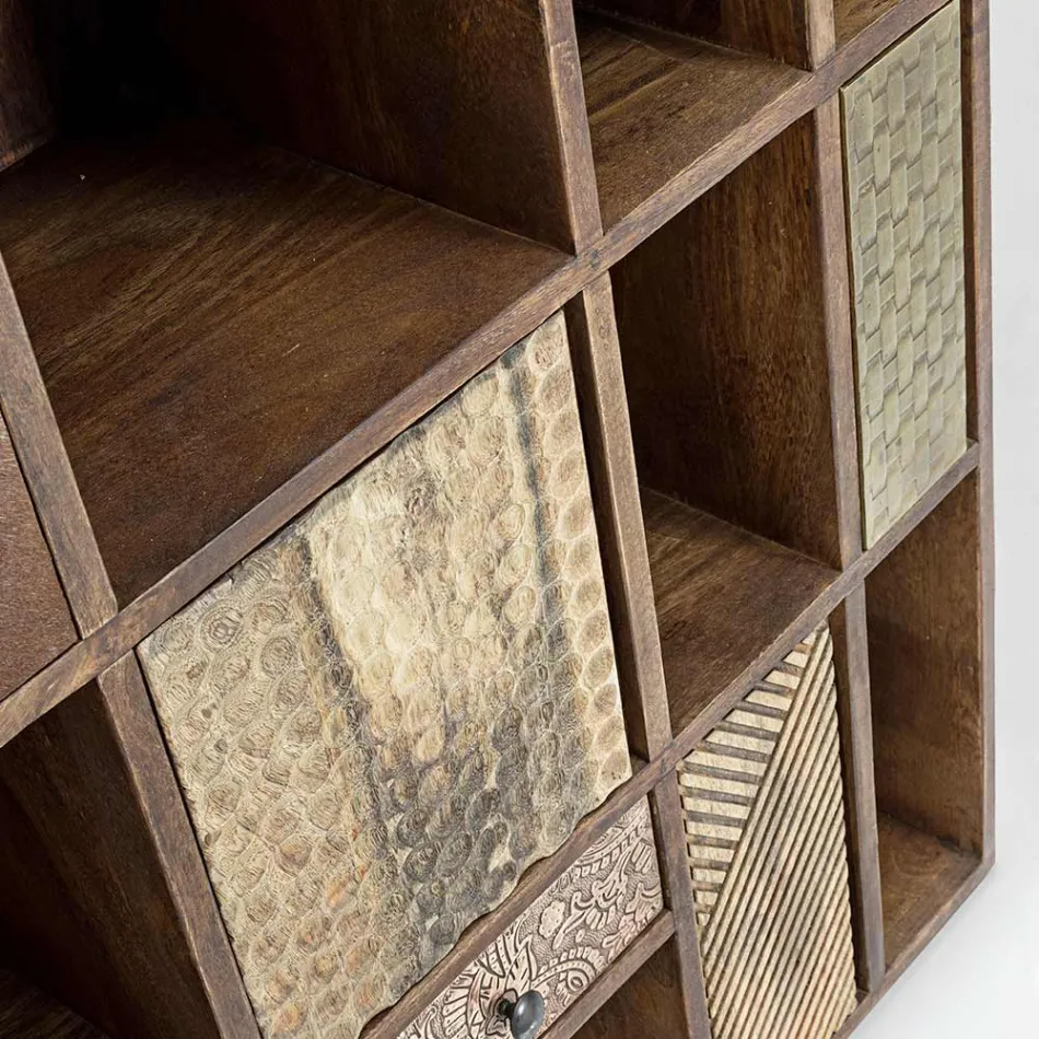 Libreria Legno di Mango e Cassetti Riciclati con Decori Homemotion - Auriel Viadurini