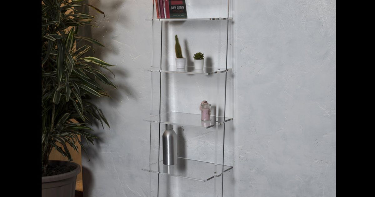 Libreria A Scala In Acrilico Trasparente CRTERICX - 4 Ripiani - 150x59x30 Cm - Design Moderno Per Soggiorno E Ufficio