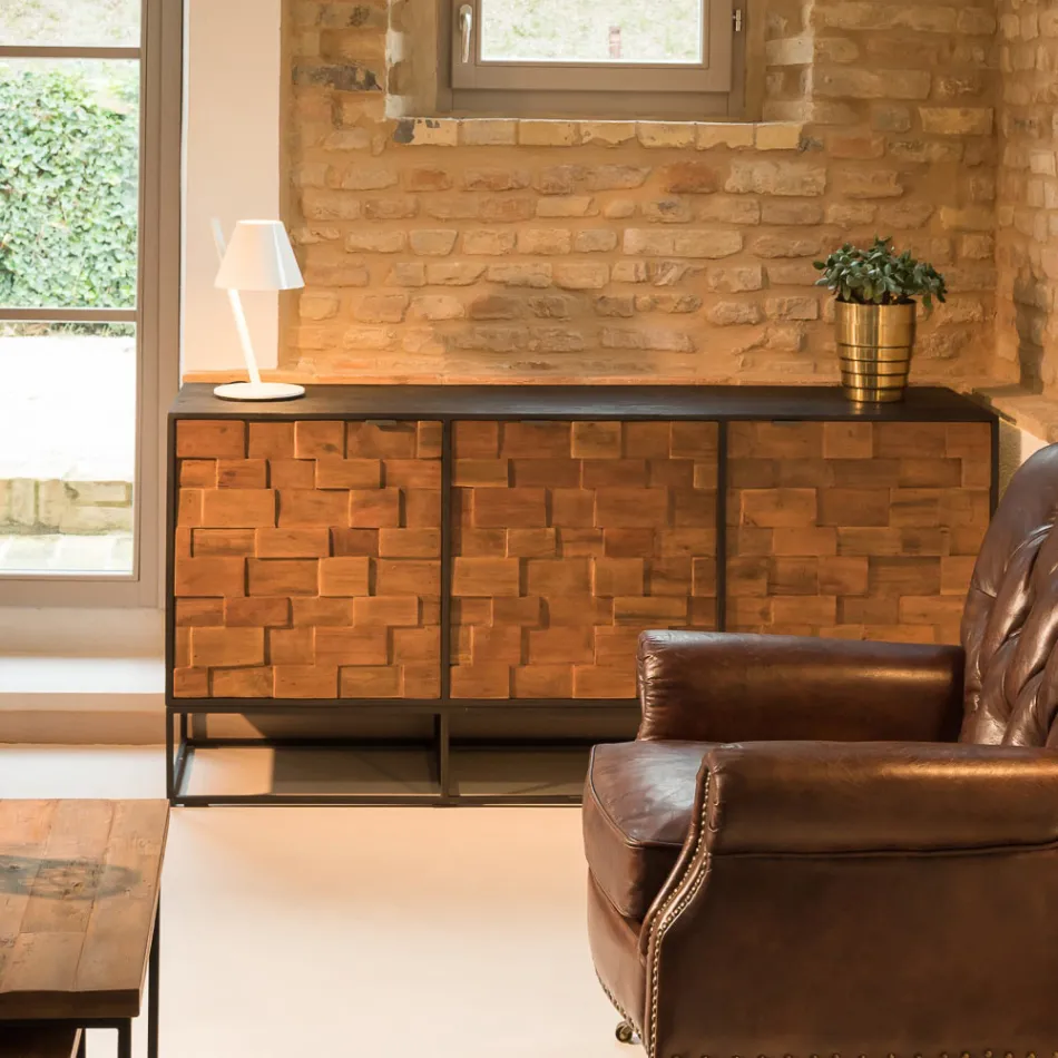 Madia con 3 Ante in Legno Riciclato Patchwork e Struttura in Metallo - Slide Viadurini