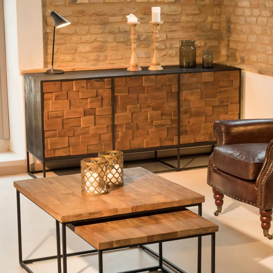 Madia con 3 Ante in Legno Riciclato Patchwork e Struttura in Metallo - Slide Viadurini